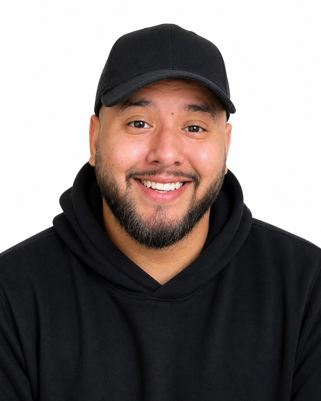 Kevin Romero, founder of Online Credit Repair, smiling in a black hoodie and cap on a white background