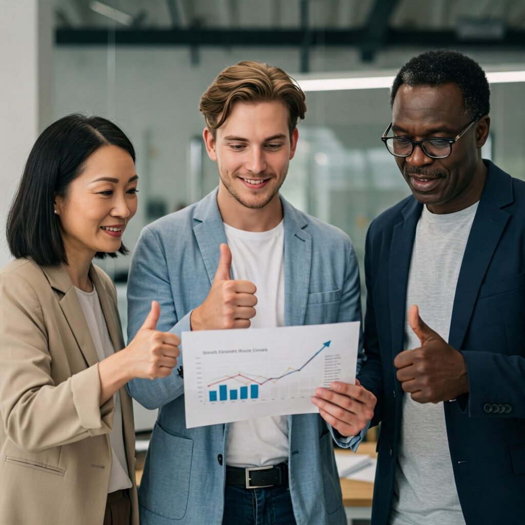 Three professionals celebrating credit score improvements, holding a graph showing upward trends in credit growth, in a modern office setting.