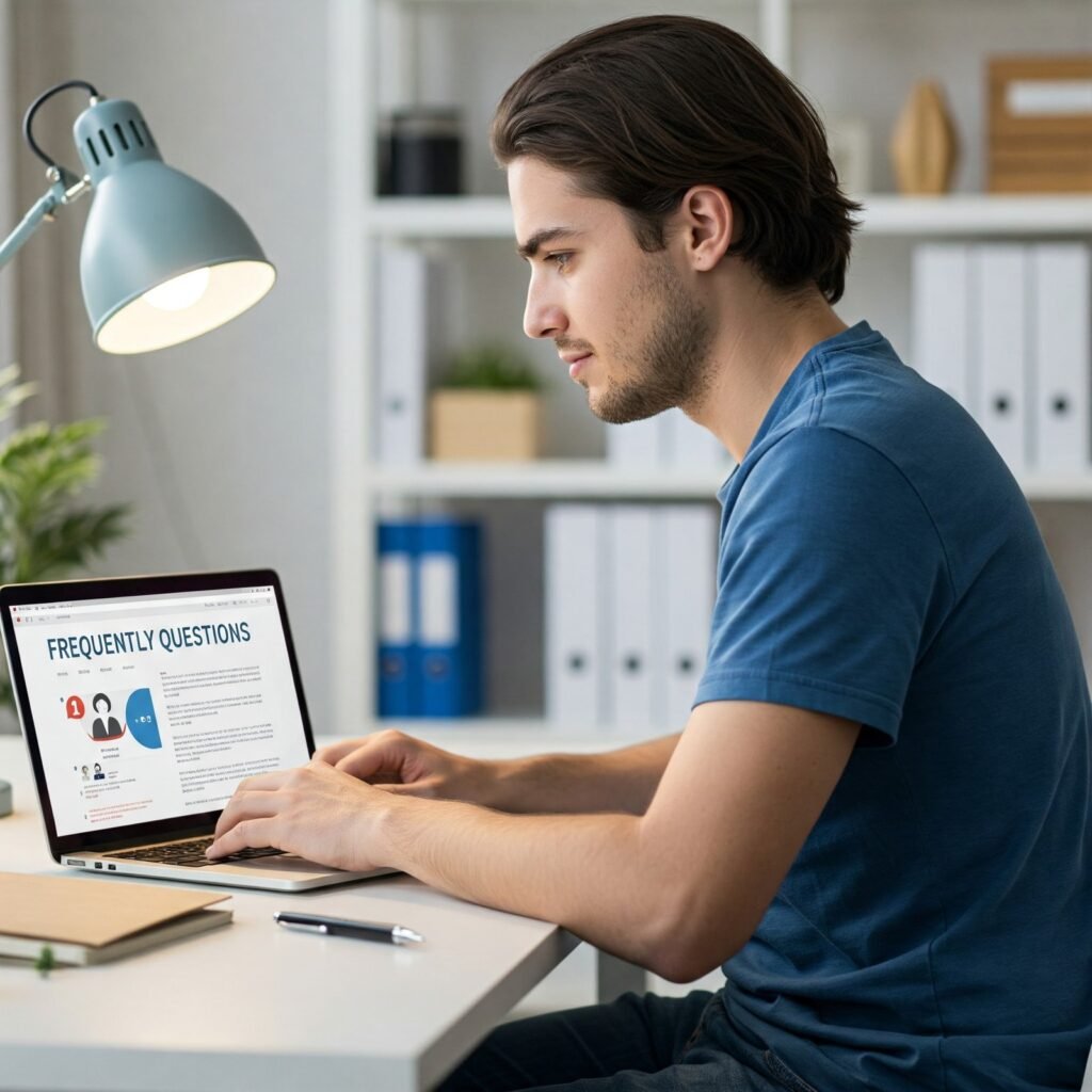 Person using a laptop to explore frequently asked questions about credit repair in a home office setting.