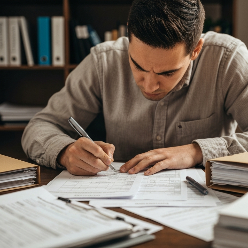 Man focused on reviewing and filling out credit repair documents at a desk, surrounded by paperwork and folders, illustrating the credit repair process.