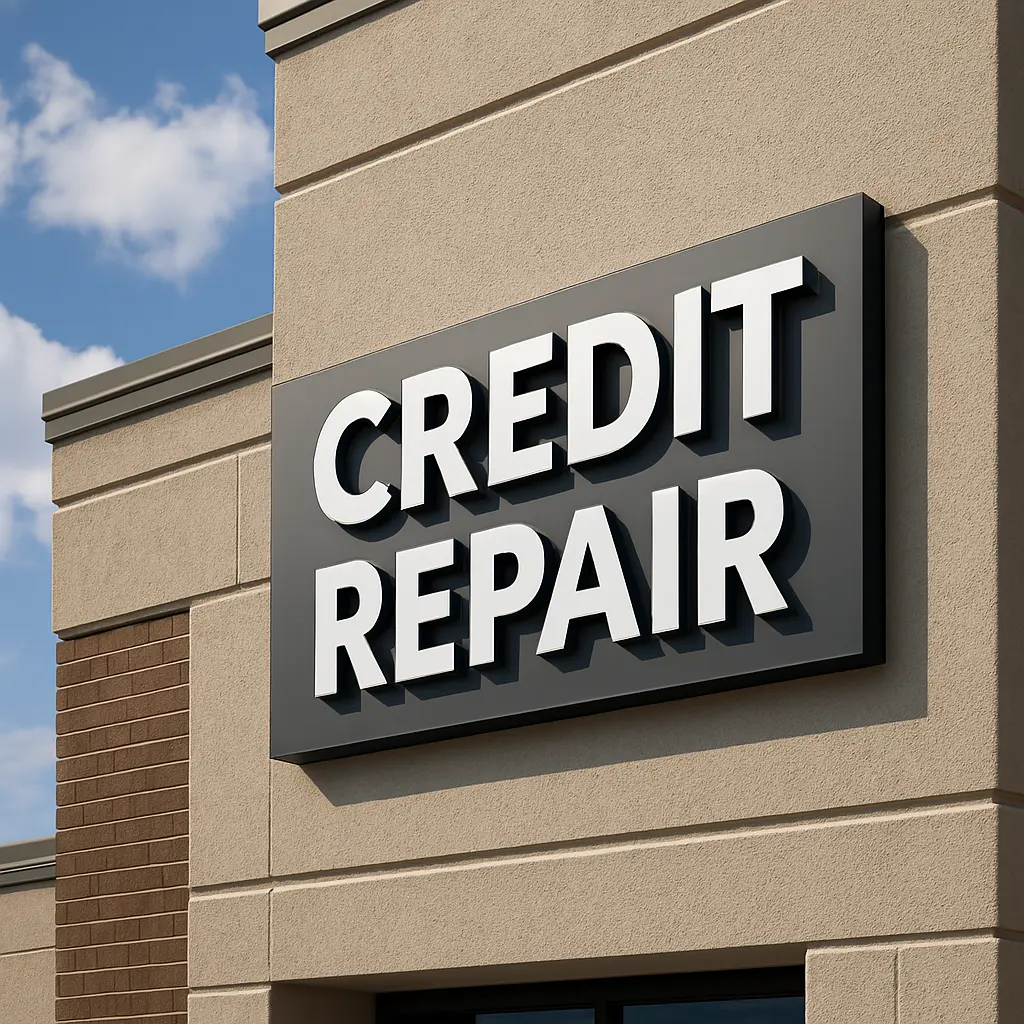 Credit repair sign on a building, emphasizing credit repair services, with clear blue sky in the background.