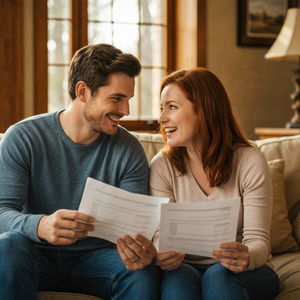 Couple sitting on a couch reviewing credit repair documents, smiling and discussing financial improvements in a cozy living room setting.