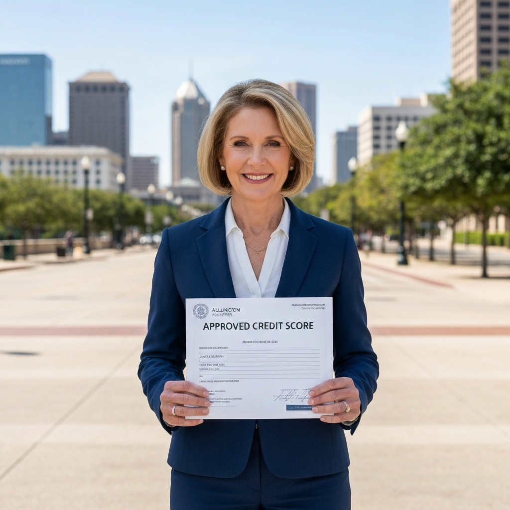 Smiling woman in a business suit holding an "Approved Credit Score" document outdoors, with a city skyline in the background, representing credit repair success and financial empowerment.
