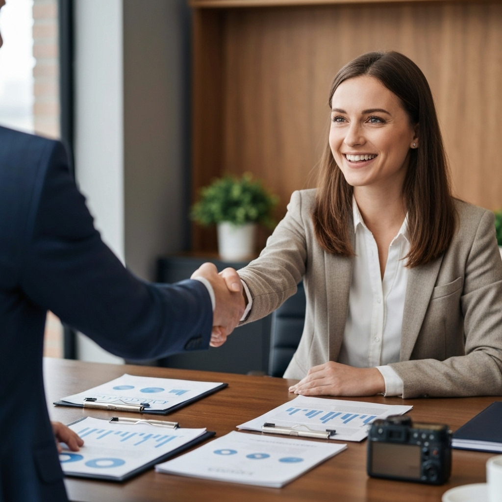 Professional woman shaking hands with a man in an office setting, surrounded by documents and a camera, symbolizing trust and collaboration in credit repair services.