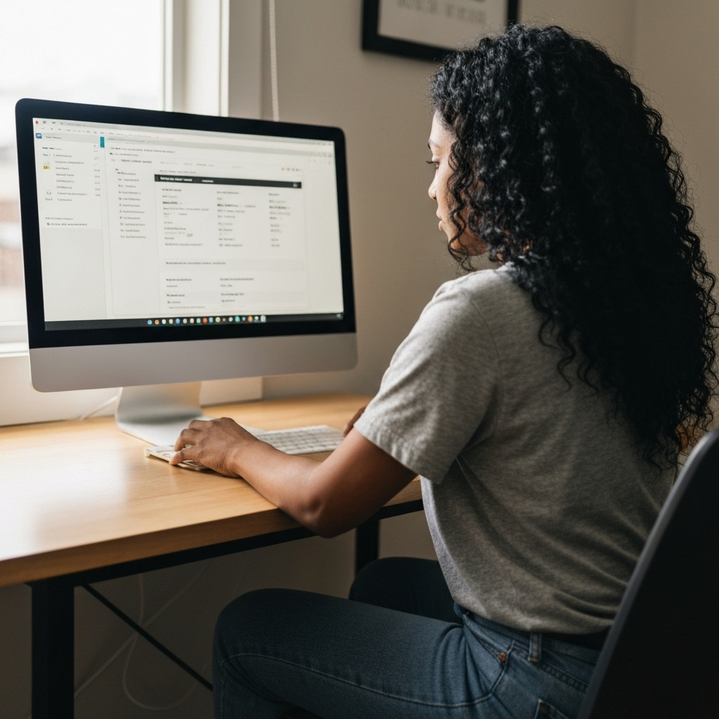 Person using a computer at a desk, reviewing financial information related to credit repair and management.
