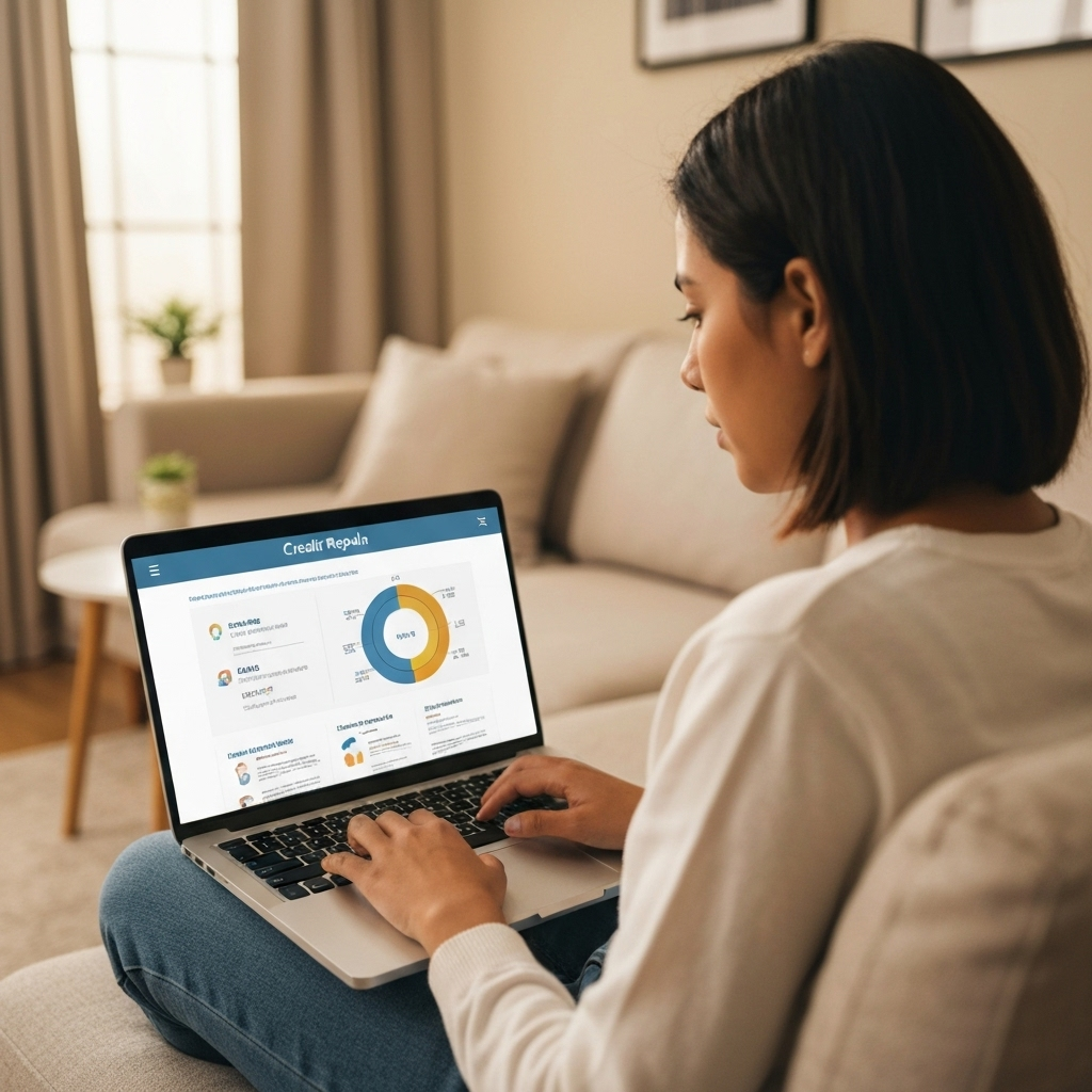 Woman using laptop displaying credit repair dashboard, analyzing credit scores and financial data, in a cozy living room setting.