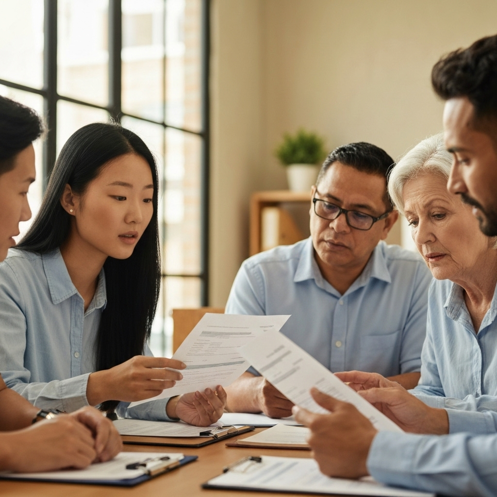 Group of diverse individuals reviewing documents related to credit repair in a professional setting, emphasizing collaboration and financial improvement strategies.
