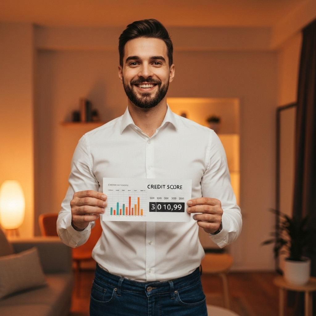 Man smiling and holding a credit score report with a bar chart, illustrating credit score improvement relevant to credit repair services.