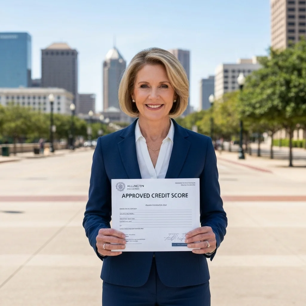 Woman in business attire holding an "Approved Credit Score" document outdoors in Arlington, CA, with city skyline in the background, symbolizing successful credit repair services.