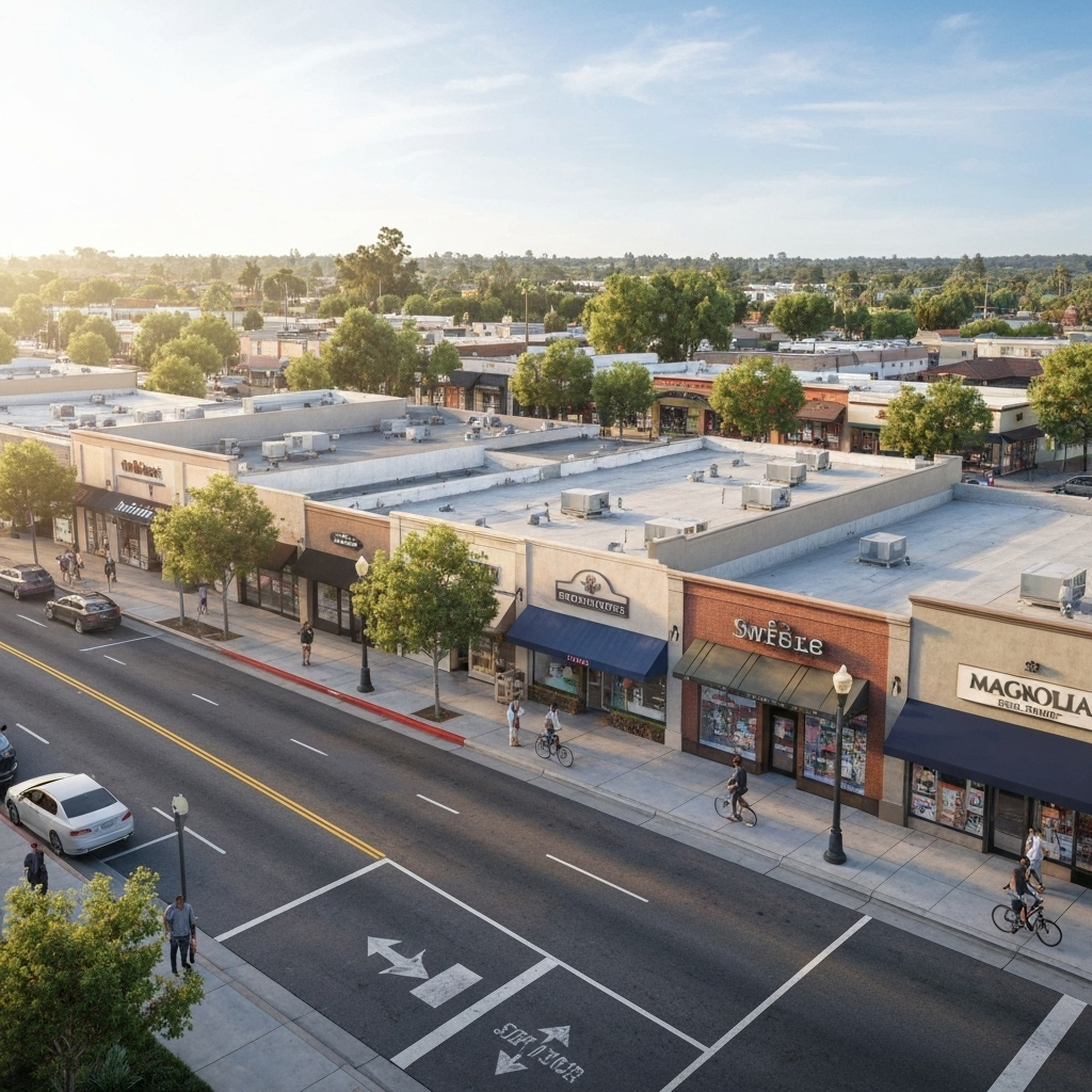 Magnolia Center shopping area in Riverside, CA, featuring storefronts, pedestrians, and trees along a sunny street.
