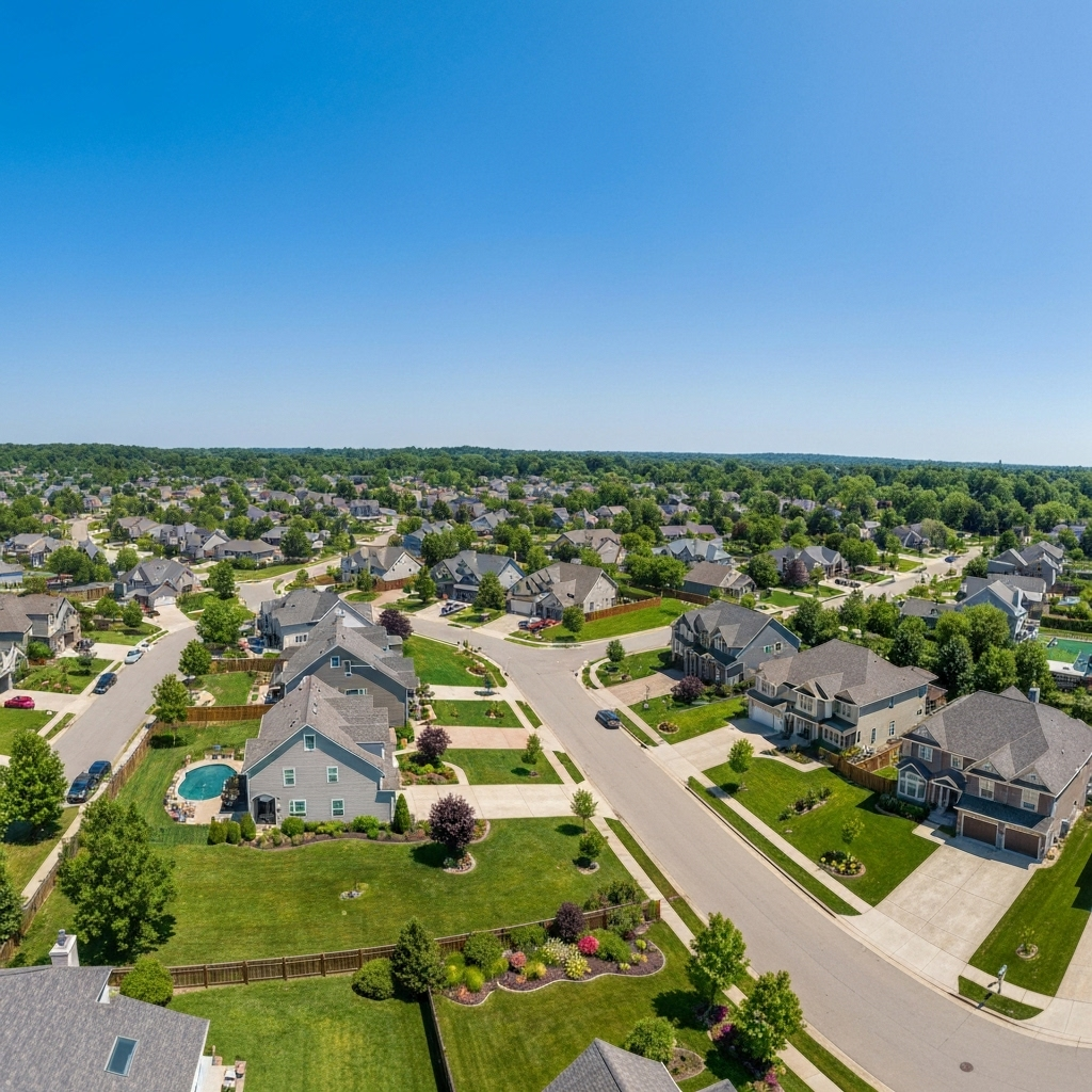 Aerial view of suburban neighborhood with well-maintained homes, green lawns, and clear blue skies, representing desirable living conditions for credit repair clients in various California locations.
