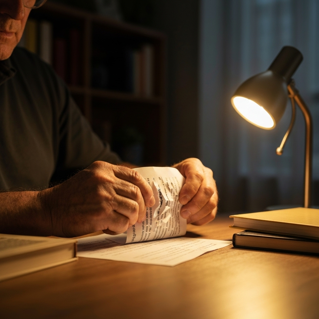 Person studying financial documents under a desk lamp, focusing on credit education and personal finance.