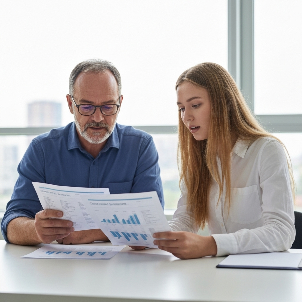 Two individuals, a middle-aged man and a young woman, reviewing financial documents and credit reports, discussing credit repair strategies in a modern office setting.