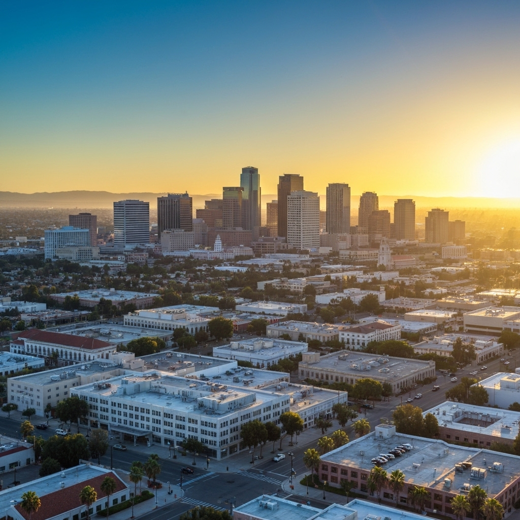 City skyline of Casa Blanca, CA, at sunset, showcasing modern buildings and urban landscape, relevant to credit repair services and financial opportunities.