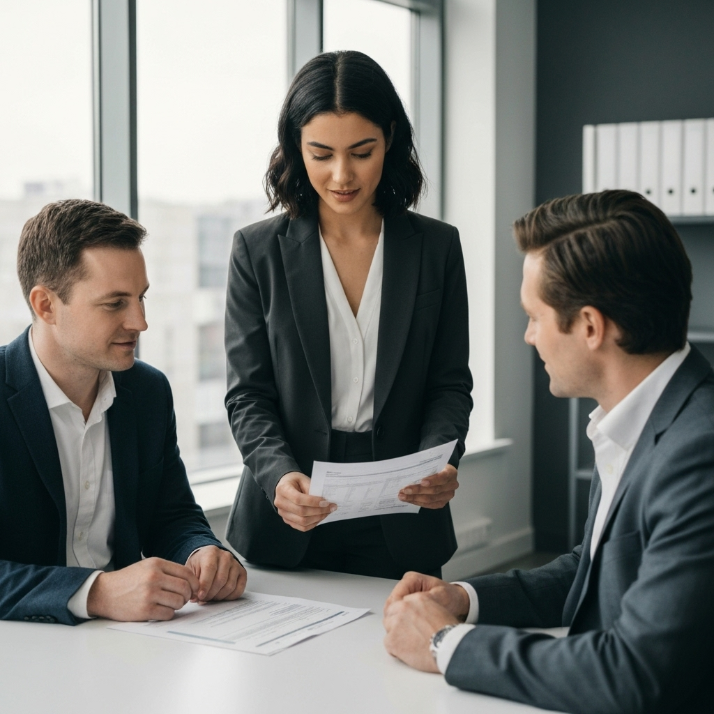 Business professionals discussing credit strategies, with a woman presenting documents to two men in a modern office setting.