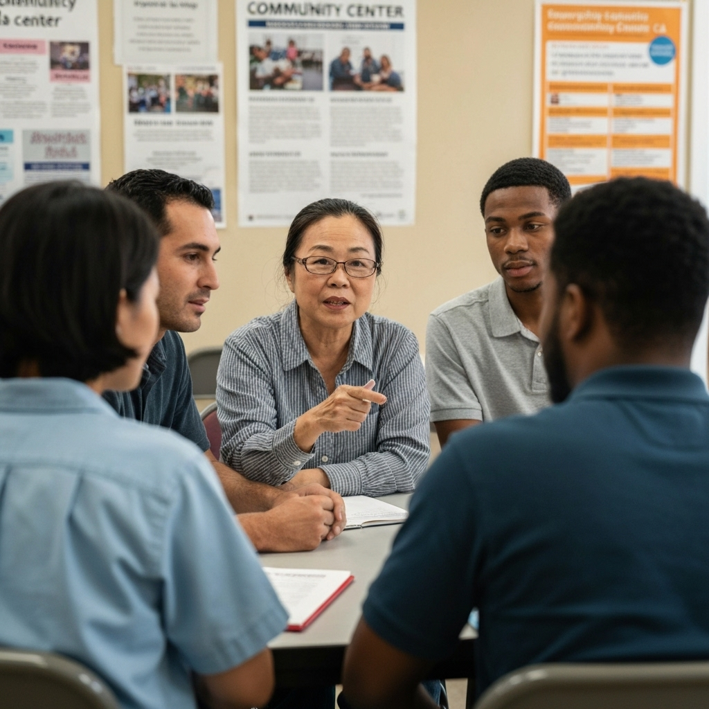 Group discussion on financial empowerment, highlighting credit repair services, with a diverse group engaged around a table in a community center setting.