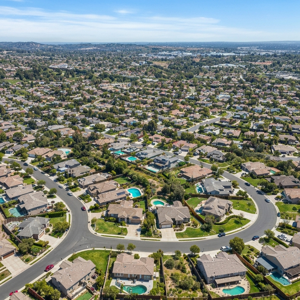 Aerial view of Canyon Crest, California, showcasing residential neighborhoods with houses and pools, highlighting the importance of a strong credit score for homeownership and loans.