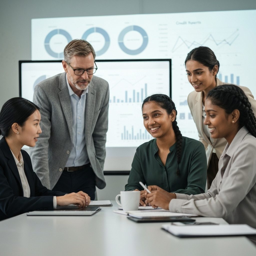 Business meeting discussing credit repair strategies, diverse group of professionals analyzing charts and graphs related to credit reports and financial data.