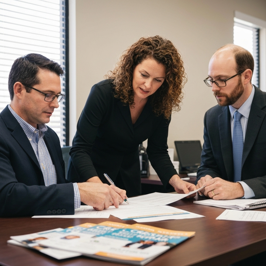 Professionals discussing financial strategies at a desk, reviewing documents and notes related to credit management and debt solutions.