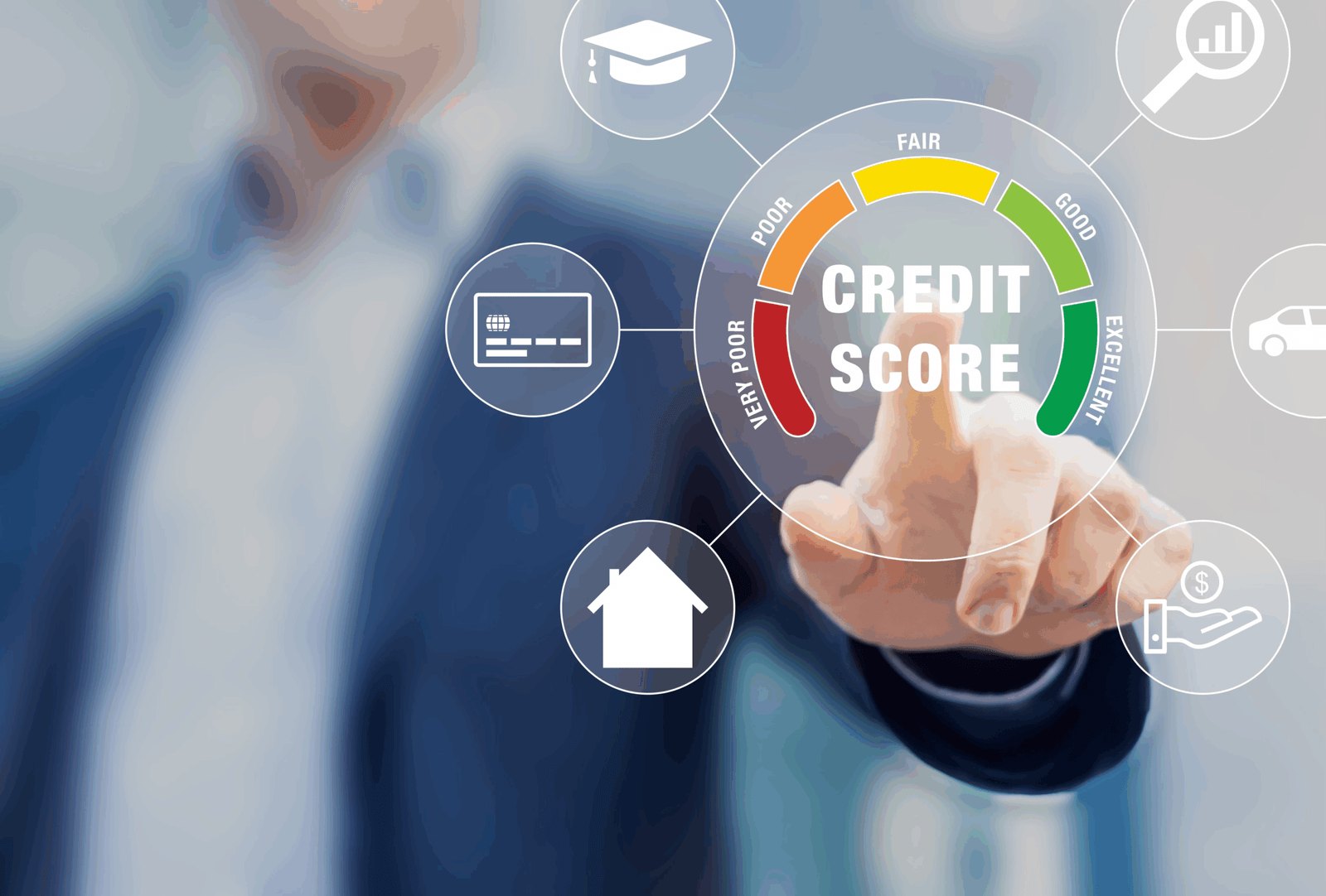Person in a suit interacting with a digital credit score gauge, highlighting credit score categories from very poor to excellent, with icons representing financial elements like credit cards, houses, and money.
