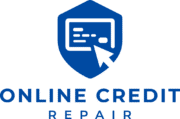 Online Credit Repair logo featuring a shield, credit card icon, and cursor, representing resources for credit score improvement.