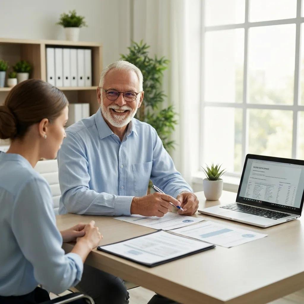 Consultant discussing credit repair strategies with a client in a professional office, featuring documents and a laptop displaying financial information.