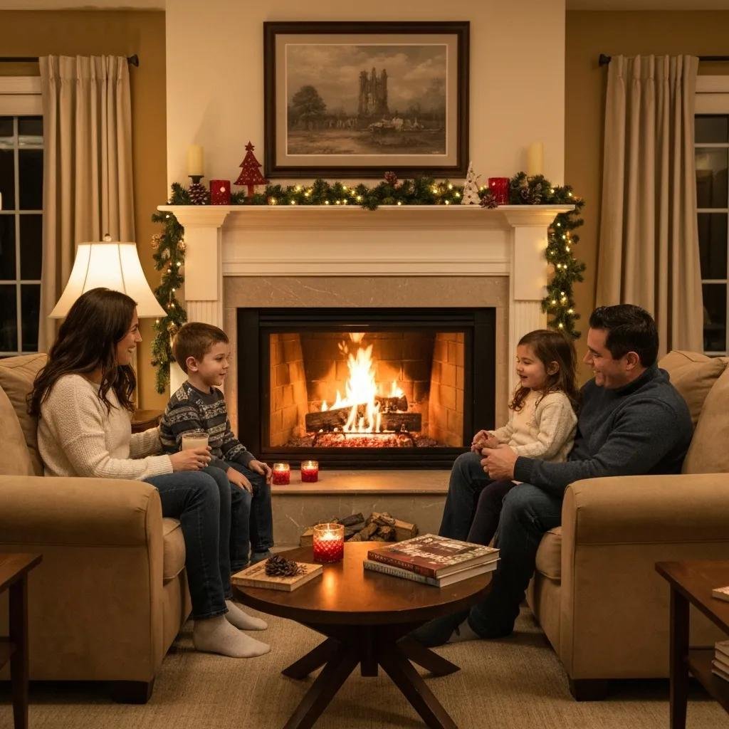 Cozy family gathering in a warm living room, reviewing a credit report on a laptop, emphasizing financial well-being and credit improvement strategies.