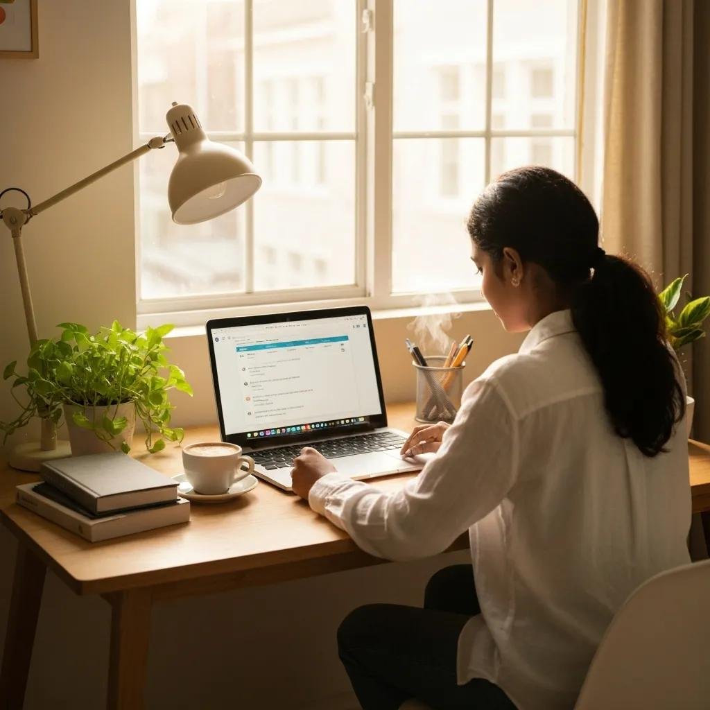 Individual reviewing finances on laptop at cozy desk with budgeting tools, coffee, and plants, reflecting financial assessment and planning for debt management.