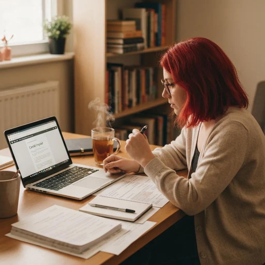 Person handling DIY credit repair at home with documents and a laptop