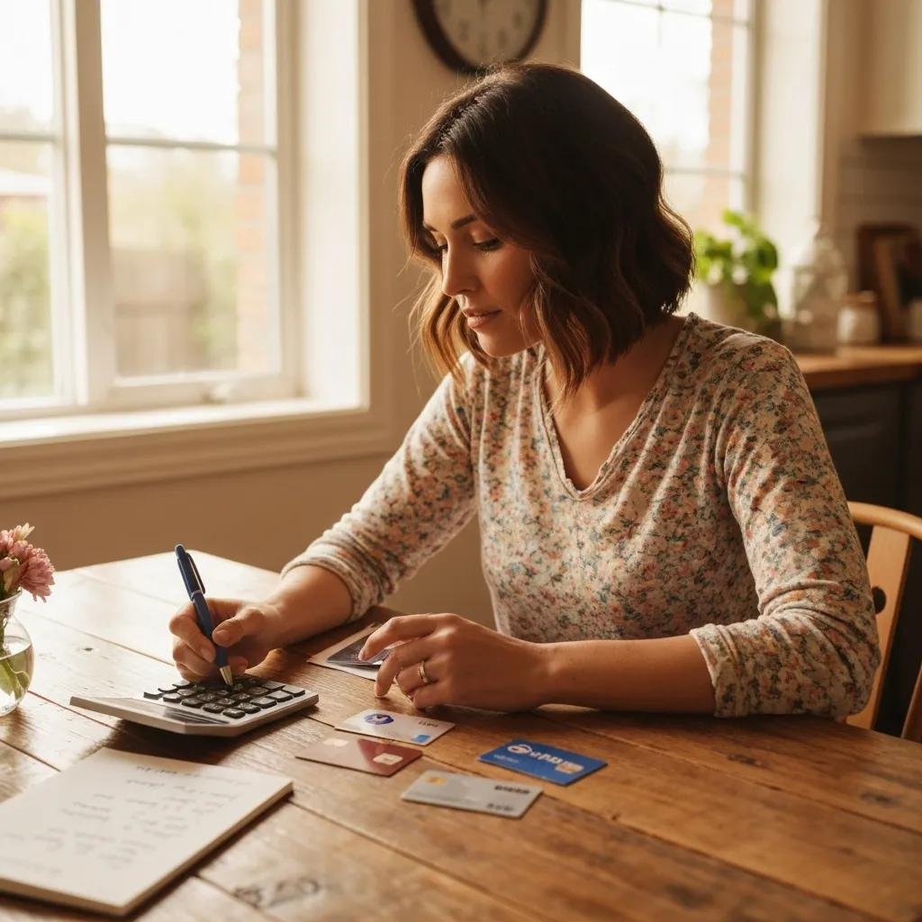 Woman calculating credit utilization ratio with credit cards and calculator at a table, focusing on personal finance management.