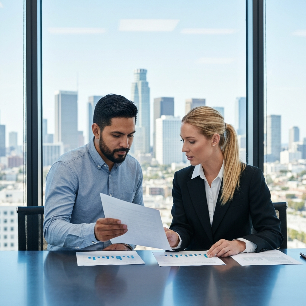 Professionals reviewing documents in office