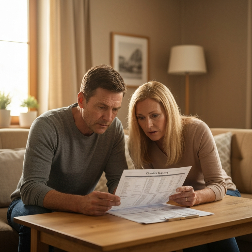 Couple checking credit report at home