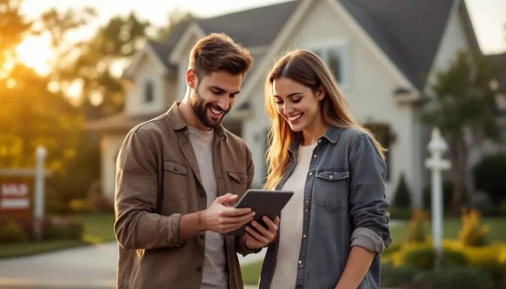 Couple reviewing mortgage paperwork and credit report in front of a new home