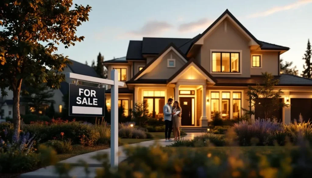 Luxury suburban home with 'for sale' sign and couple reviewing mortgage documents