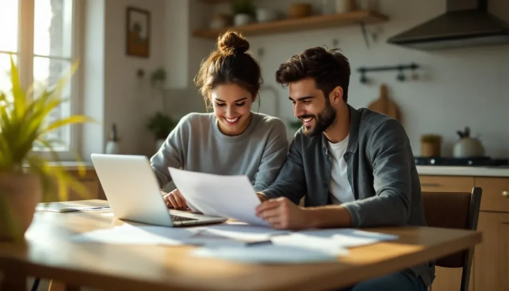 Couple reviewing FHA loan paperwork in front of a suburban home