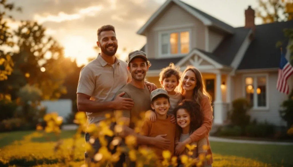 Military family in front of their new home with VA loan paperwork