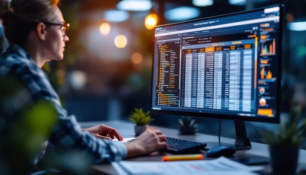 Credit analyst reviewing detailed credit report data and compliance documents on a monitor