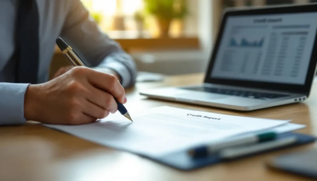 Person writing a goodwill letter at a desk with a credit report and laptop