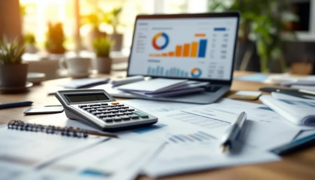 Person calculating credit repair costs with calculator financial documents and credit card