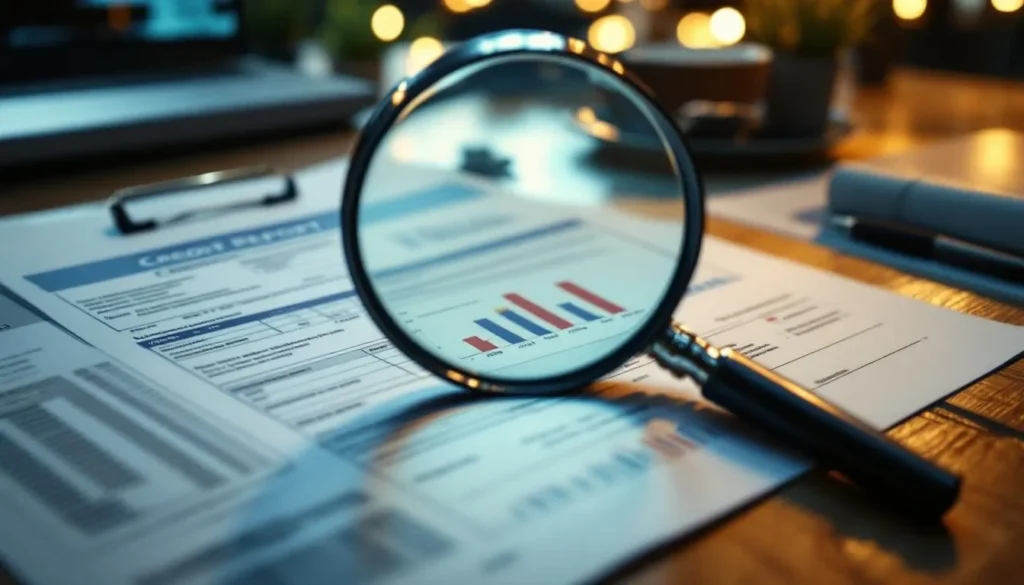 Magnifying glass over a credit report highlighting a disputed item