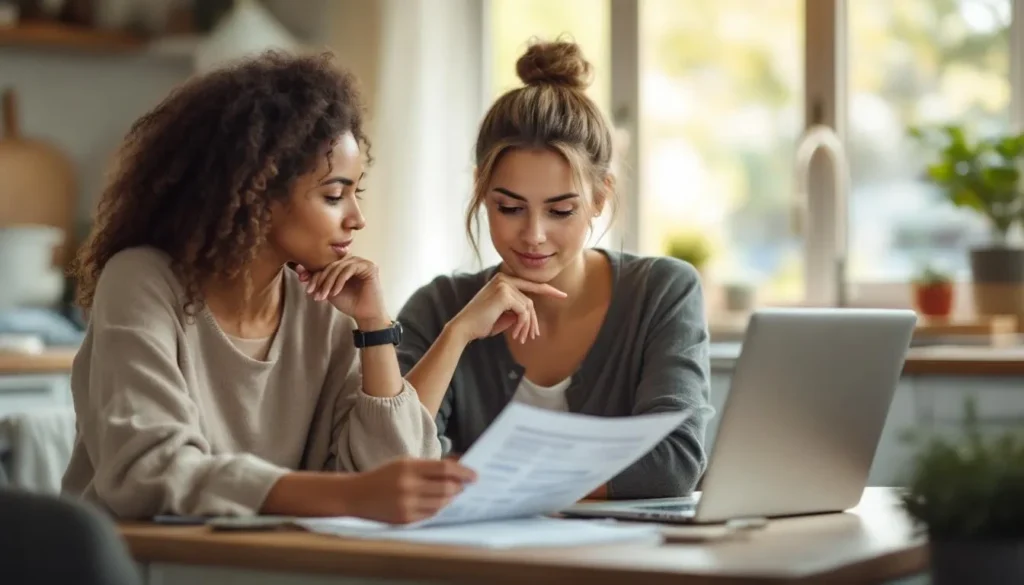 Woman looking thoughtfully at her credit report and laptop deciding to seek credit repair help