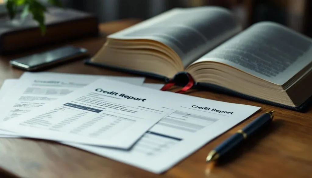 Open law book next to credit report on a desk
